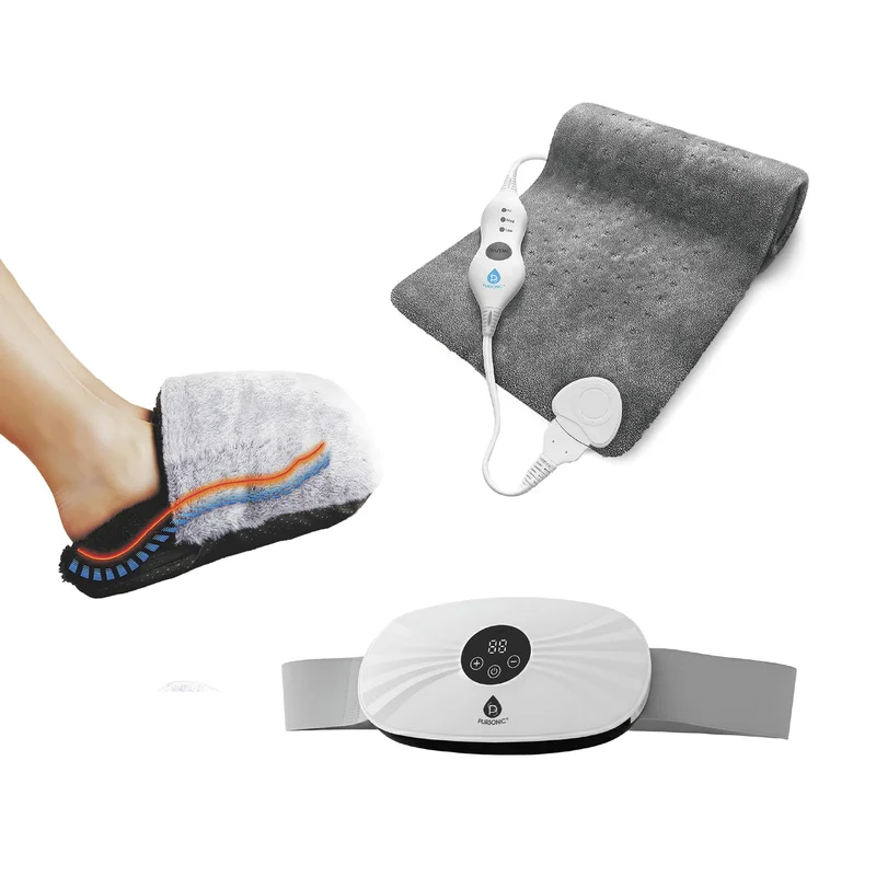 Ultra Plush Heated Foot Warmer, Pursonic Stomach & Back Massager, and XL Microplush Heating Pad