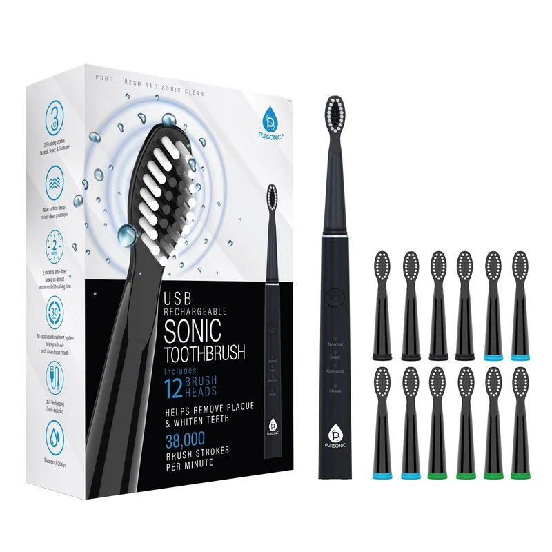 USB Rechargeable Electric toothbrush with 12 Brush Heads Black