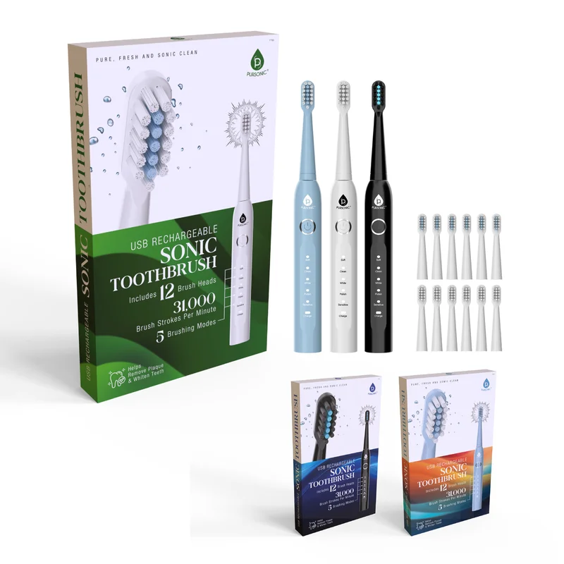 USB Rechargeable Electric Toothbrush with 12 Brush Heads White