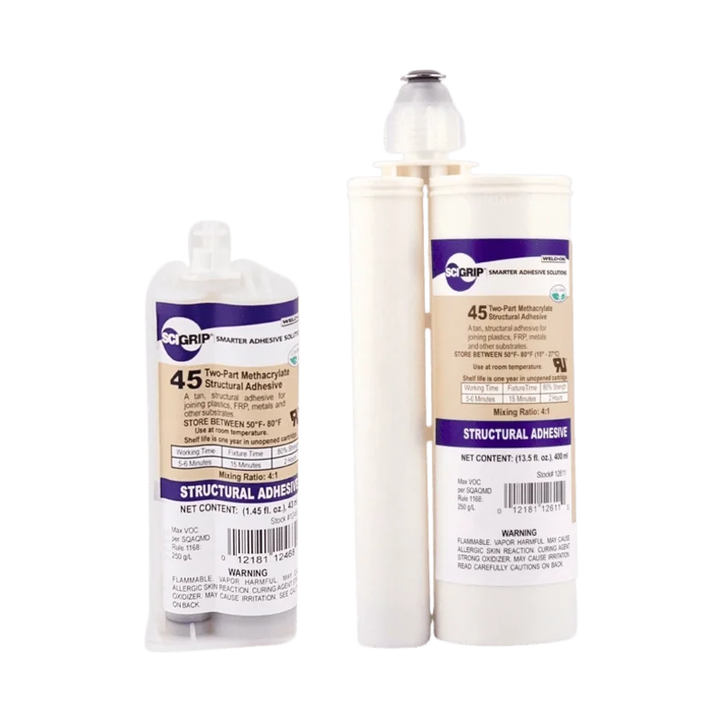 Weld-On (SciGrip) 45 Tan Thick Non-Sag MMA Adhesive for Primer-Less Bonding of Aluminum, Metals, Plastics and Acrylics - 5-6 Minute Working Time - 50mL and 490mL 4:1 Mix Ratio